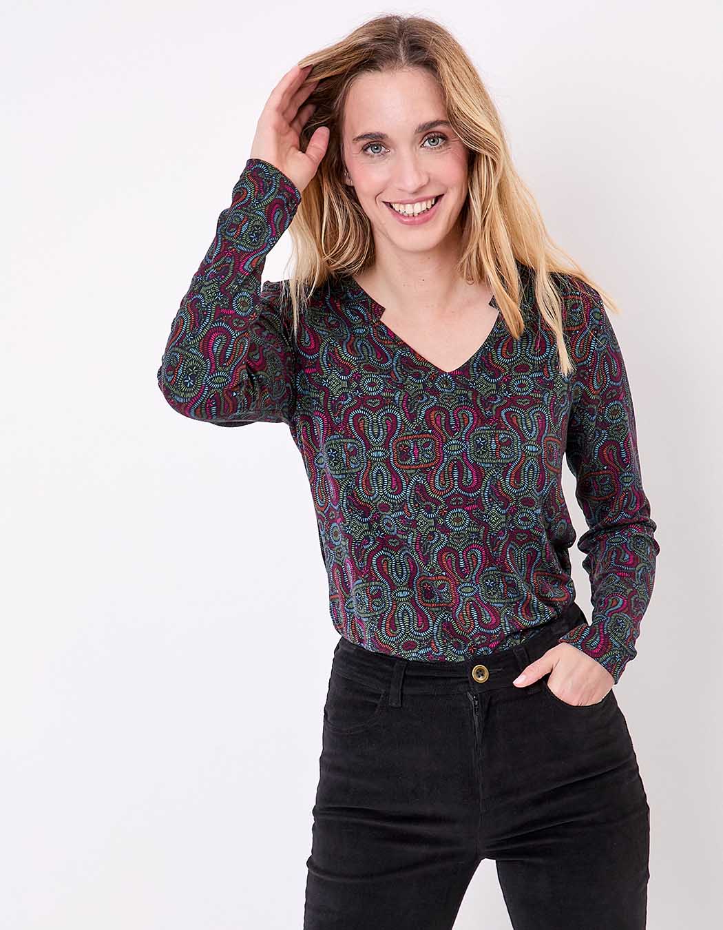 T-shirt fluide col V maille imprimé La Fiancée