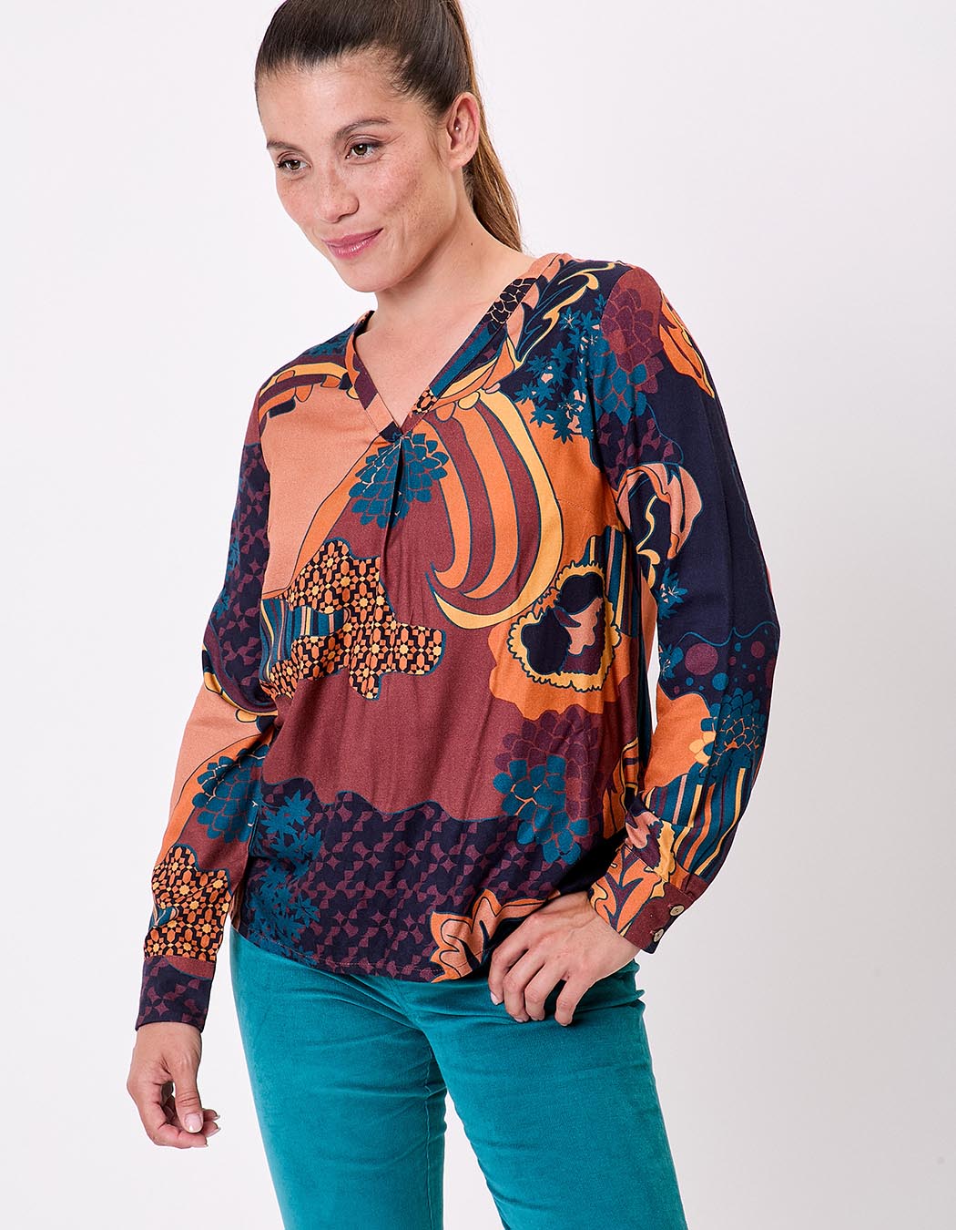 Blouse fluide évasée col V imprimé La Fiancée