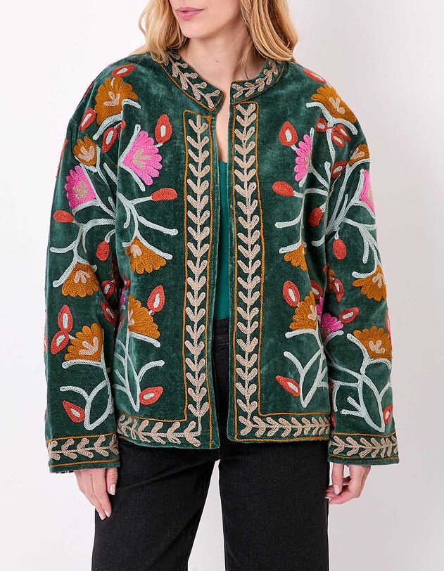 Veste kimono velours brod&eacute;e imprim&eacute; La Fianc&eacute;e