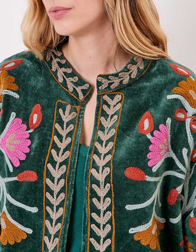 Veste kimono velours brod&eacute;e imprim&eacute; La Fianc&eacute;e