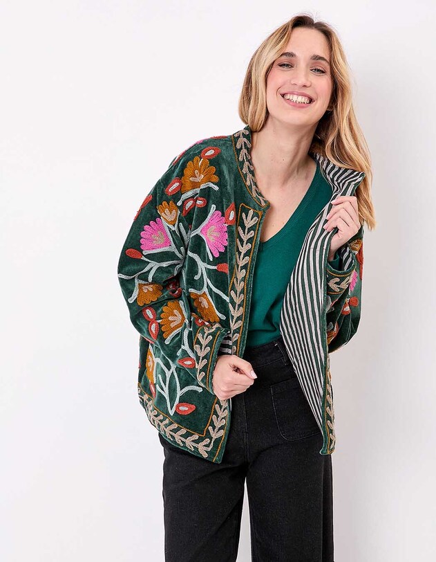 Veste kimono velours brod&eacute;e imprim&eacute; La Fianc&eacute;e