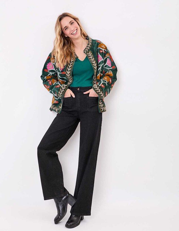 Veste kimono velours brod&eacute;e imprim&eacute; La Fianc&eacute;e