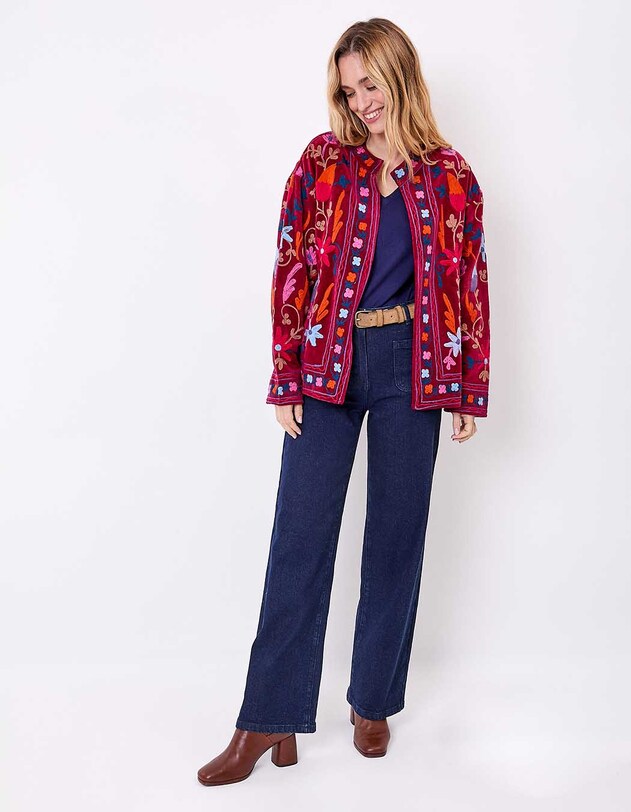Veste kimono velours brod&eacute;e imprim&eacute; La Fianc&eacute;e