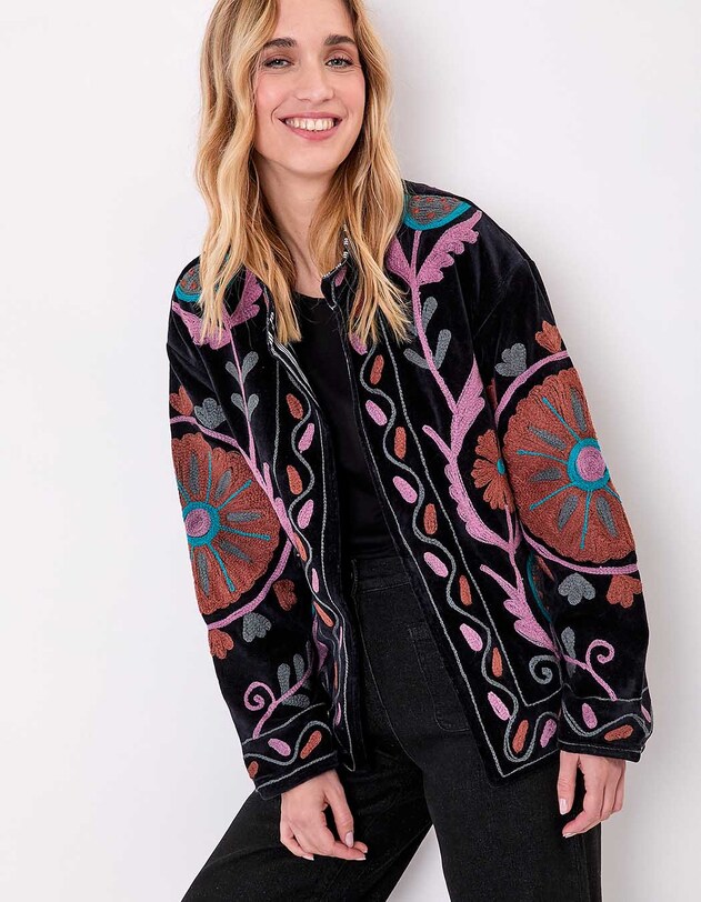 Veste kimono velours brod&eacute;e imprim&eacute; La Fianc&eacute;e