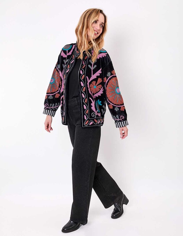 Veste kimono velours brod&eacute;e imprim&eacute; La Fianc&eacute;e