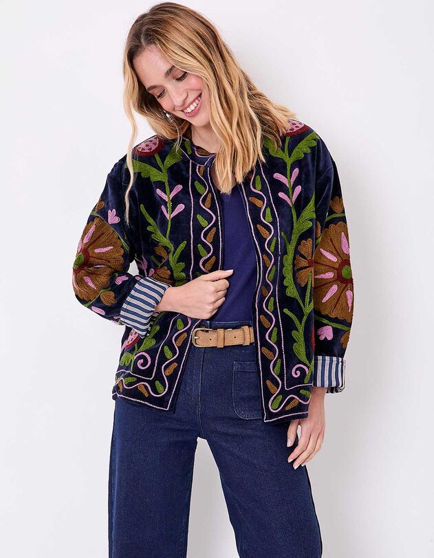 Veste kimono velours brod&eacute;e imprim&eacute; La Fianc&eacute;e