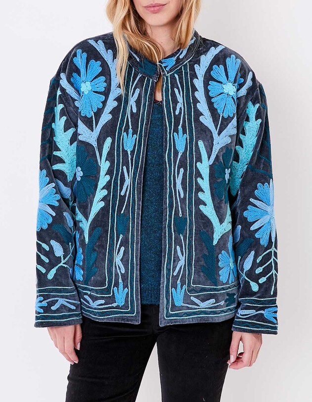 Veste kimono velours brod&eacute;e imprim&eacute; La Fianc&eacute;e