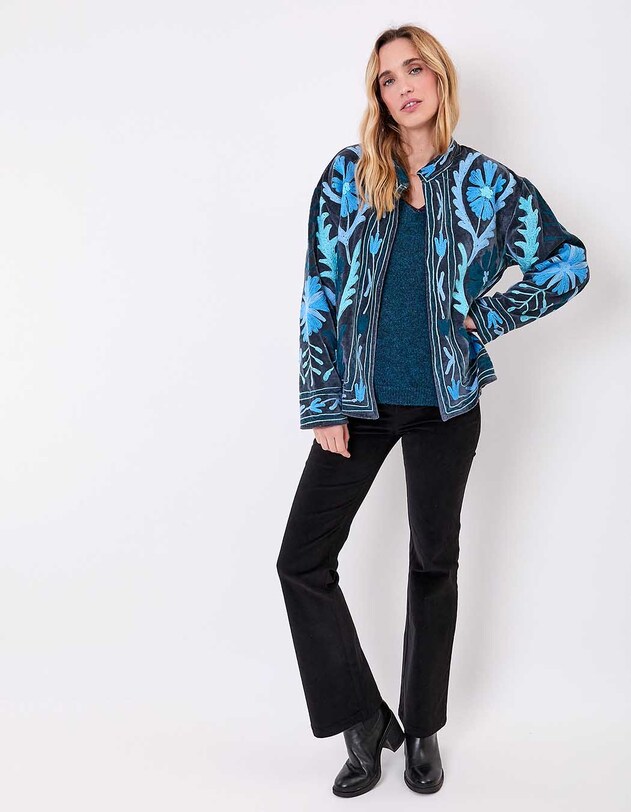 Veste kimono velours brod&eacute;e imprim&eacute; La Fianc&eacute;e