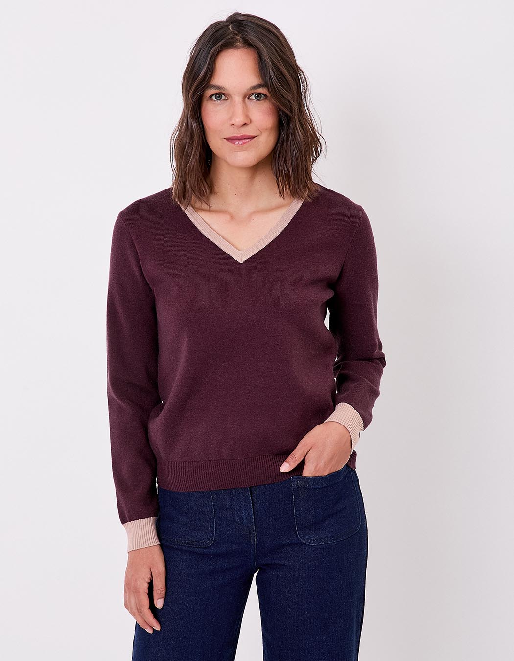 Pull maille épaisse col V imprimé Princesse Nomade