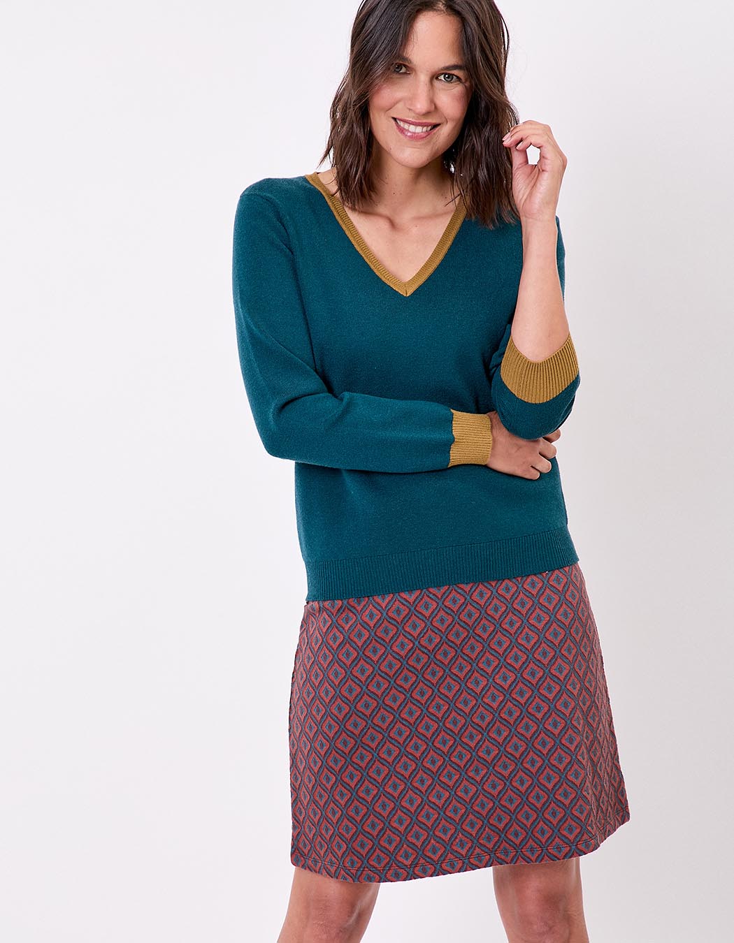 Pull maille épaisse col V imprimé Princesse Nomade