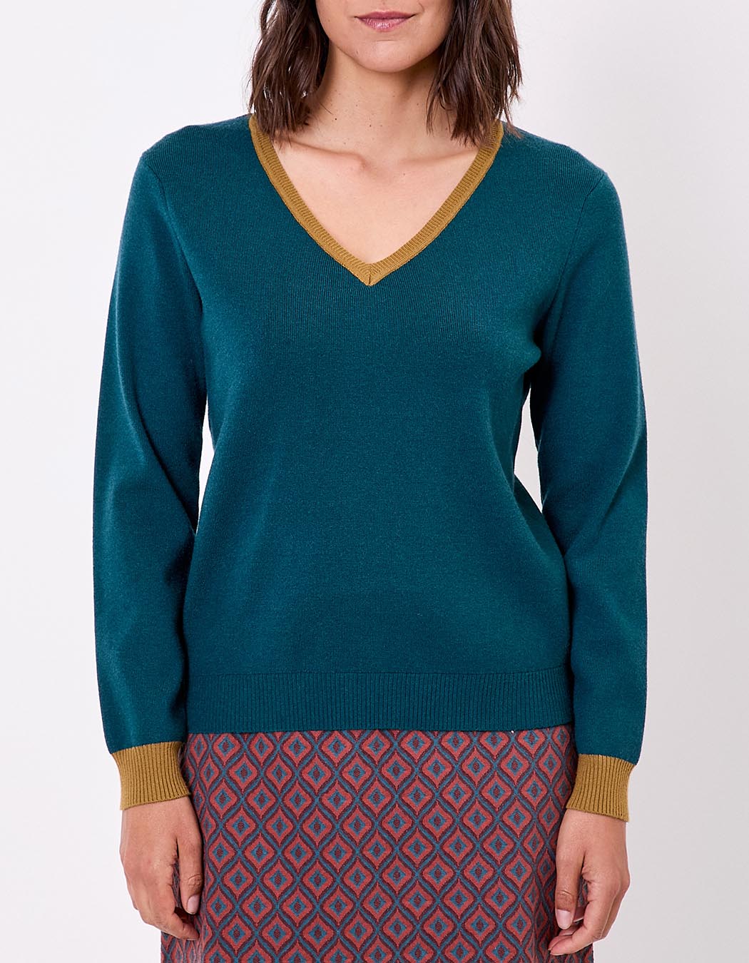 Pull maille épaisse col V imprimé Princesse Nomade