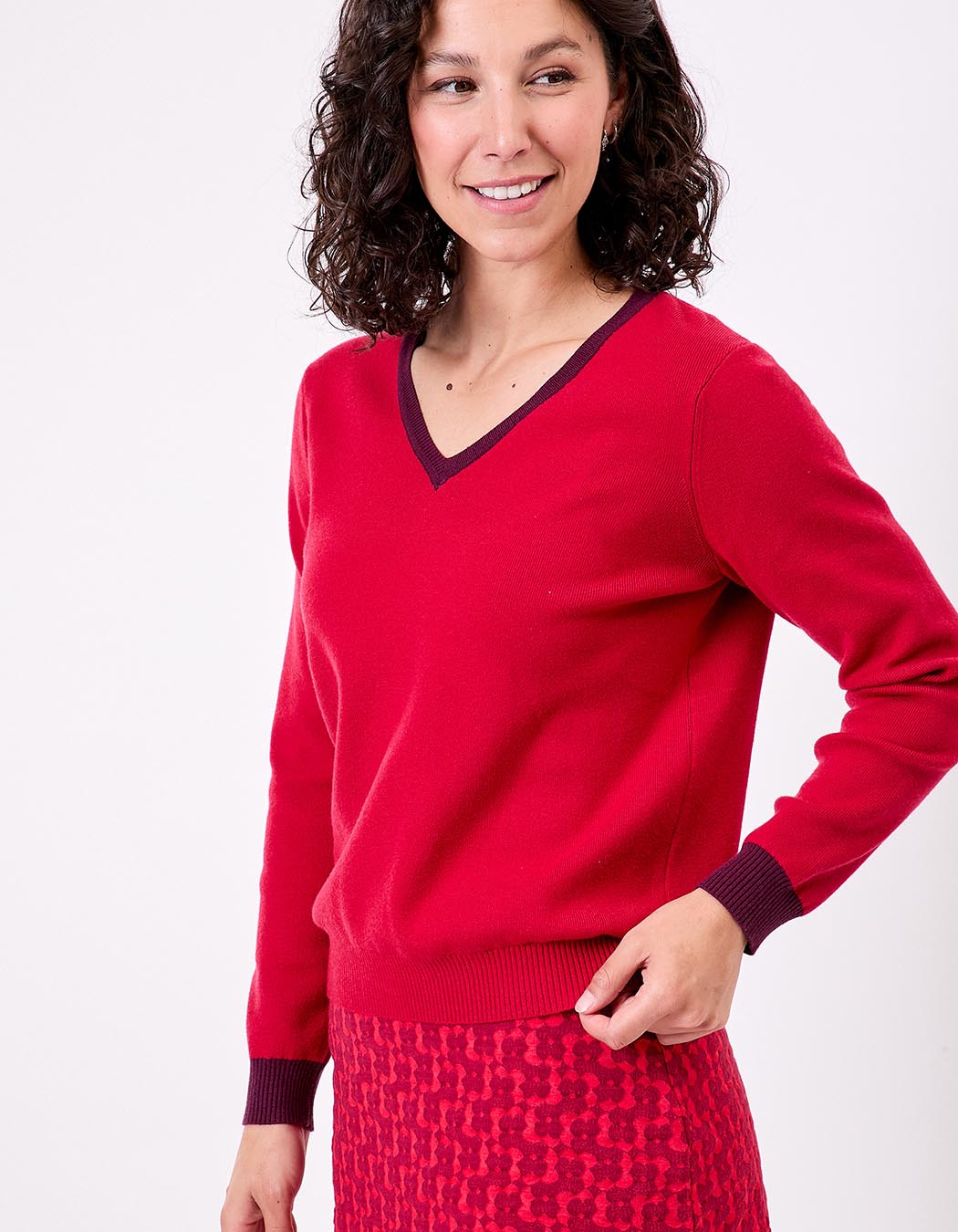 Pull maille épaisse col V imprimé Princesse Nomade