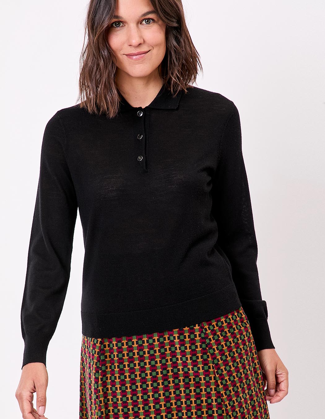 Pull en laine mérinos col polo imprimé Princesse Nomade