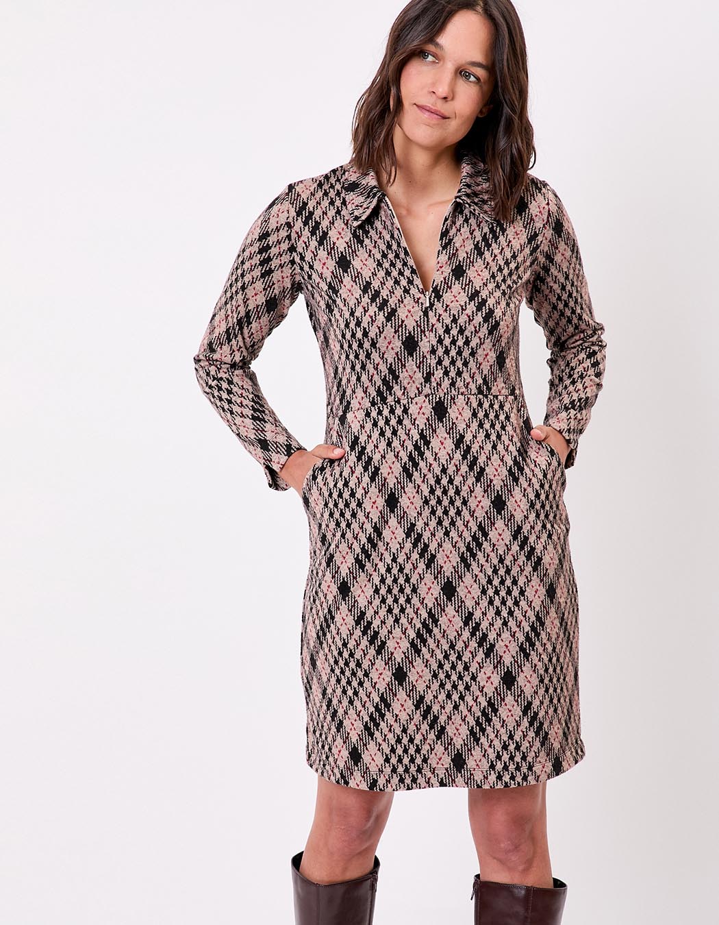 Robe maille jaquard recyclée col zippé imprimé Princesse Nomade