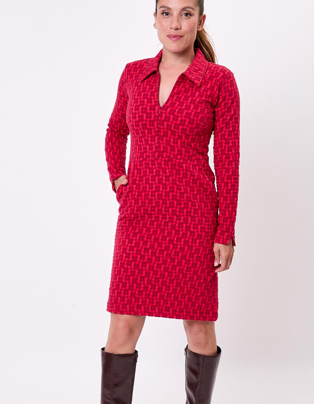 Robe maille jaquard bio col zippé imprimé Princesse Nomade