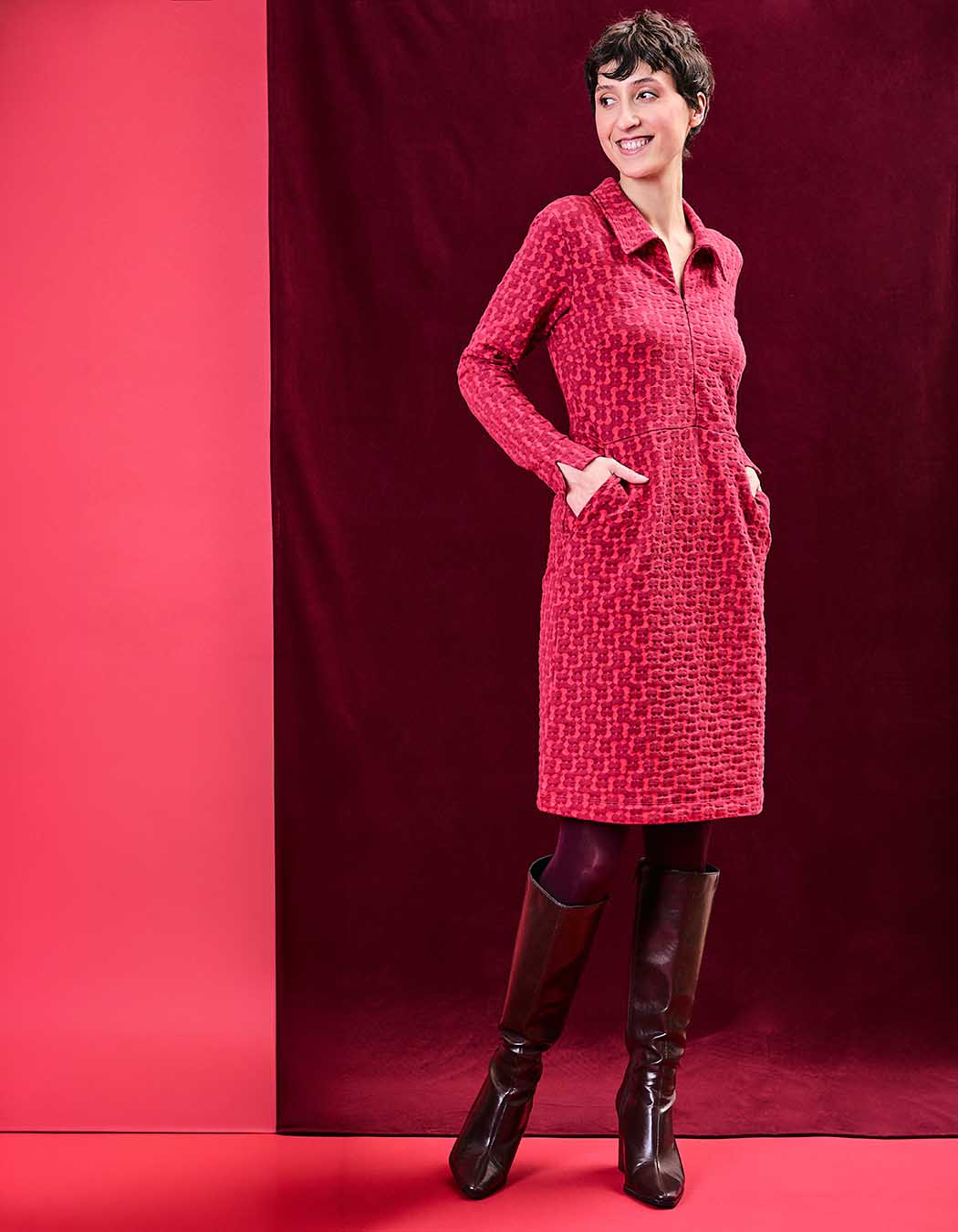 Robe maille jaquard bio col zippé imprimé Princesse Nomade