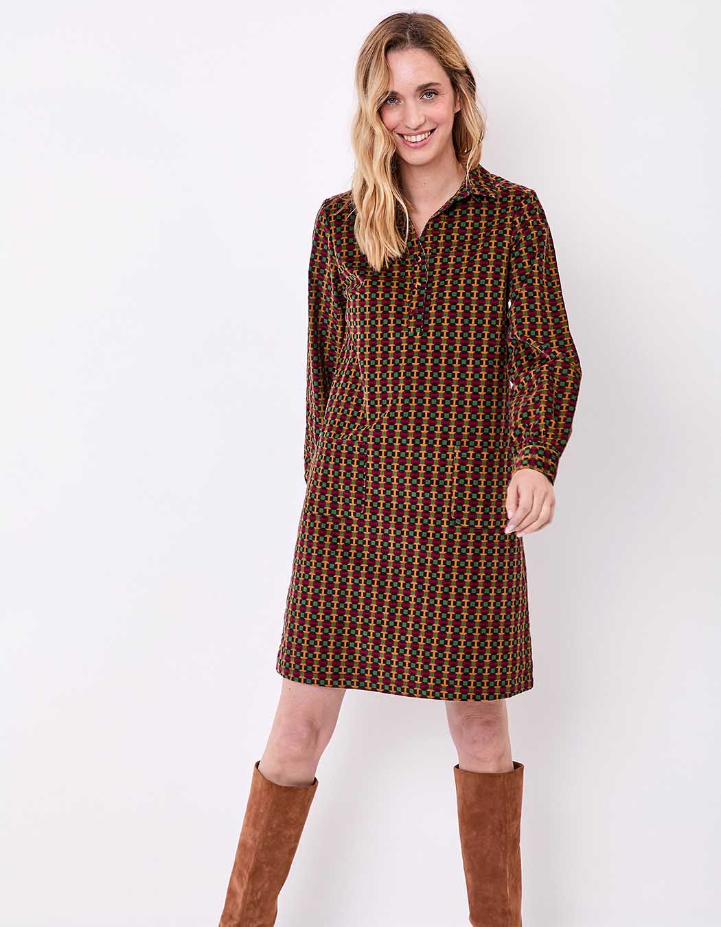 Robe droite velours côtelé imprimé Princesse Nomade