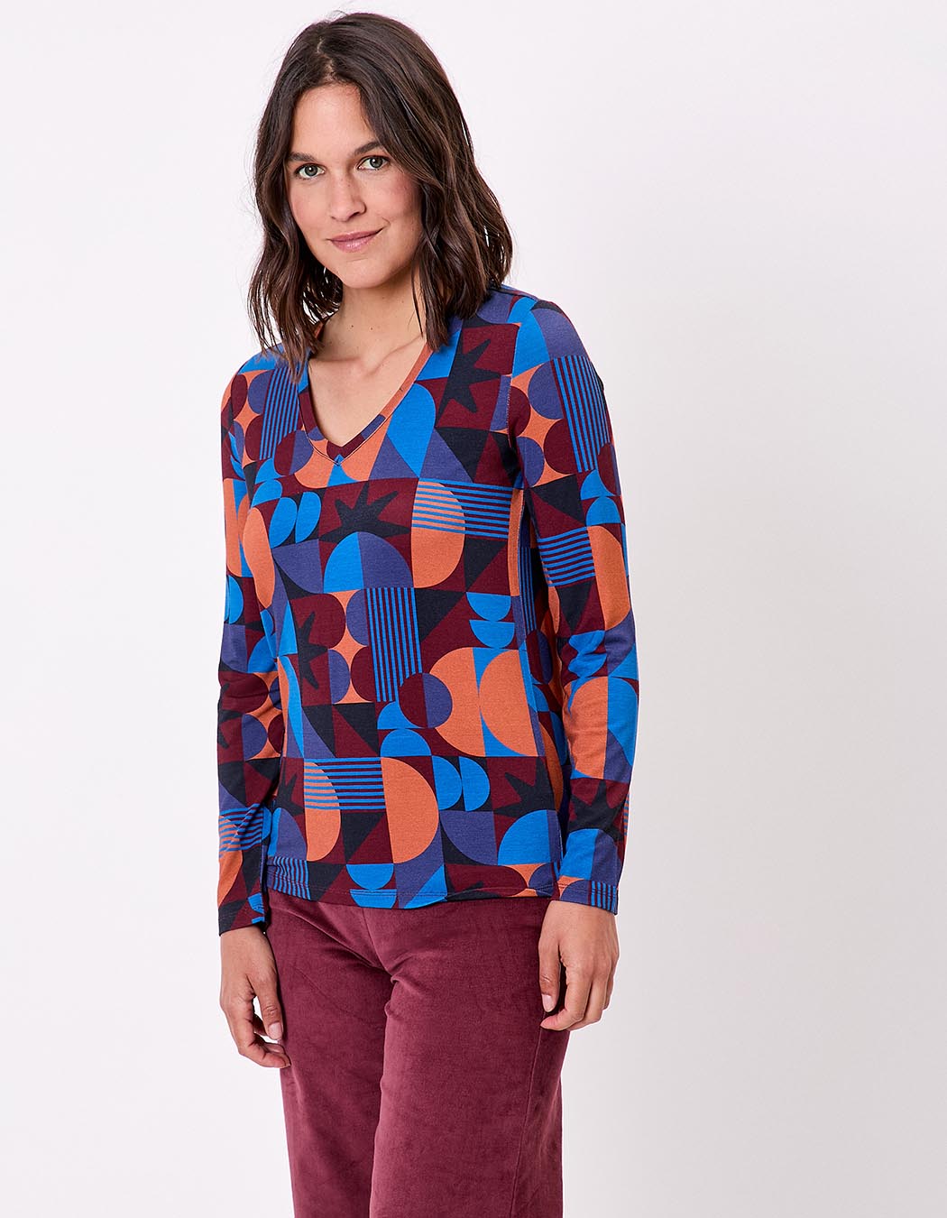 T-shirt maille fluide col V imprimé Princesse Nomade