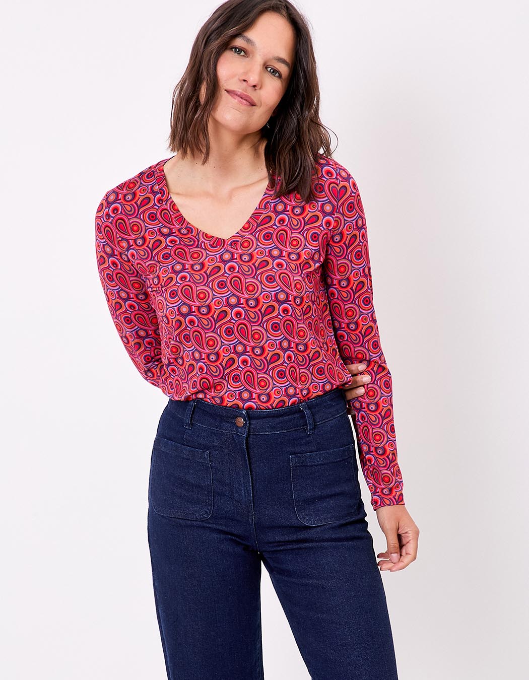 T-shirt maille fluide col V imprimé Princesse Nomade