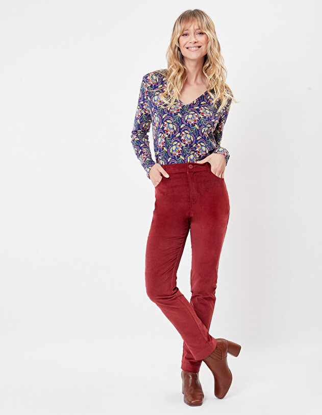 Pantalon velours droit stretch imprim&eacute; La Fianc&eacute;e